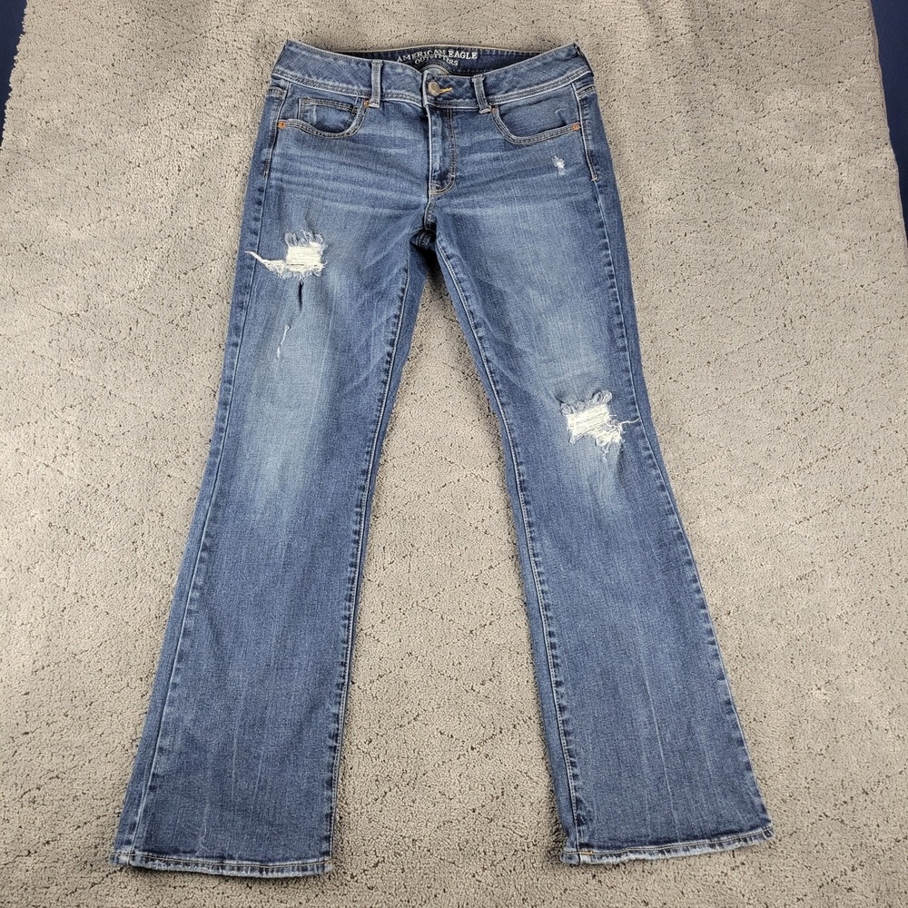 American Eagle Jeans Womens 12 Blue Kick Boot Distressed Bootcut Whisker Stretch